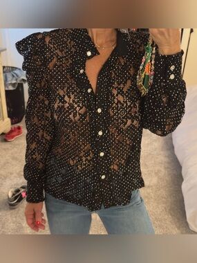 Lulu's Black Lace Polka Dot Button-Front Blouse